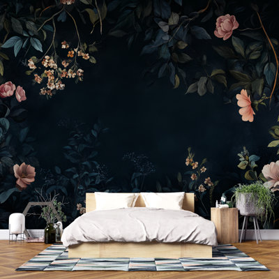 Elegant Dark Botanical Floral Wallpaper – Moody Garden Wall Mural With Vintage Roses And Leaves – Nature-Inspired Accent For Living Spaces