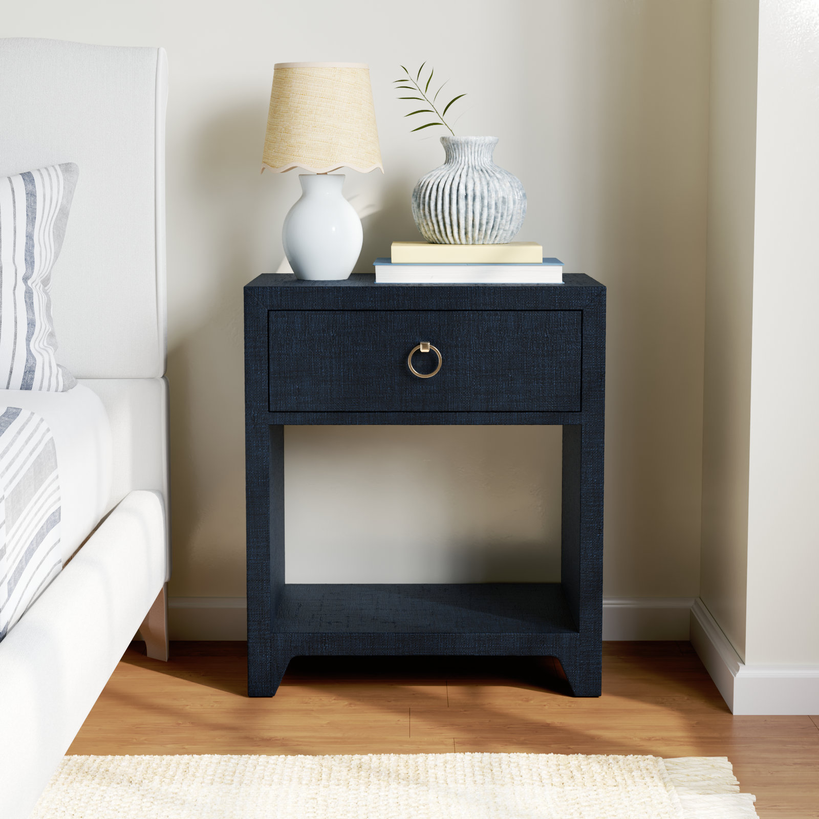 Cleo Raffia 1 - Drawer Nightstand, Navy Blue