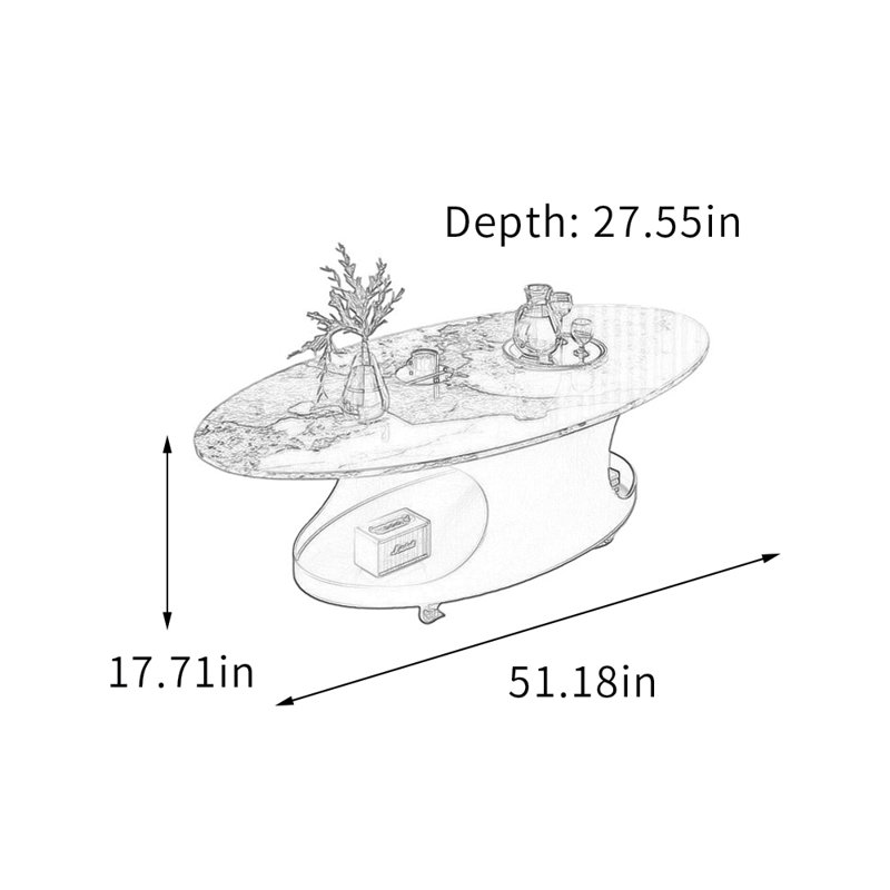 Table basse ovale simple avec poulie, 17.71" H  x 27.55" D x 51.18" W, Taupe/White Top/Black Base