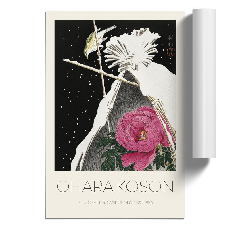 Siberian Bluechat Bird & Pink Peony Print by Ohara Koson - Frameless Print, 30cm H x 21cm W x 0.1cm D