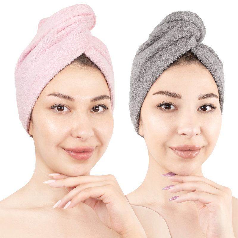 100% Cotton Hair Towels, Hair Turban Towel Wrap Long Curly Hairs, Light Gray/Pink
