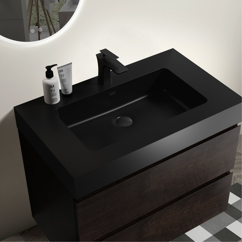Matt Black Engineered Quartz Basin With Overflow For Bathroom Style Integrated In Matte Facility