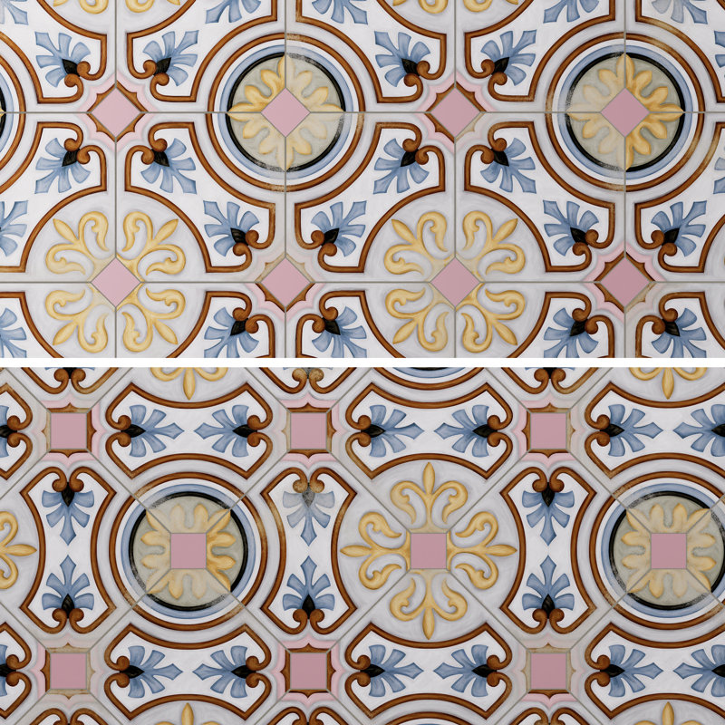 Vaudeville Octagon Deco Diglas W/Taco 7-7/8 In. X 7-7/8 In. Porcelain Floor And Wall Tile, Yellow/Blue/Brown/Pink