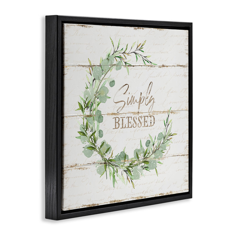 "Simply Blessed Rustic Wreath", peinture murale encadrée flottante grise par Jennifer Pugh, Cadre flottant noir de jais