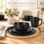 Service de vaisselle 16 pièces pour 4 personnes | Ensemble de grandes tasses, assiettes à salade et bols, plats de haute qualité résistants aux ébréchures et aux fissures, va au lave-vaisselle et au micro-ondes, noir mat