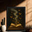 Reproduction d'art encadré noir avec papillon doré et livre mystique-1354118040