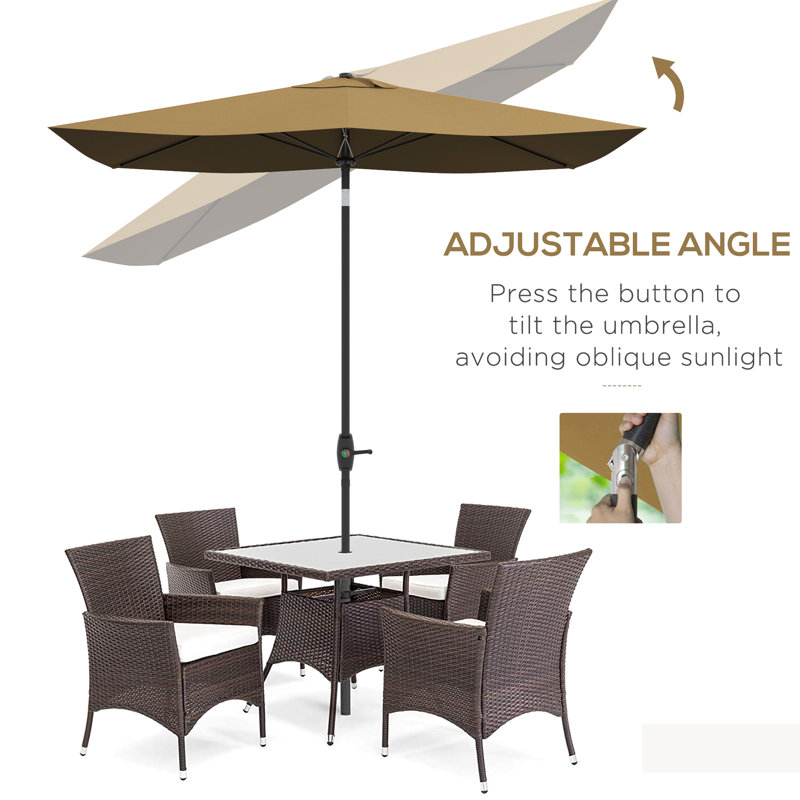 Grand parasol d'extérieur de 6,5 pi x 10 pi, abri de table de patio avec manivelle, bouton inclinable, café, housse rectangulaire de 50 blocs et plus, inclinaison fiable, protection