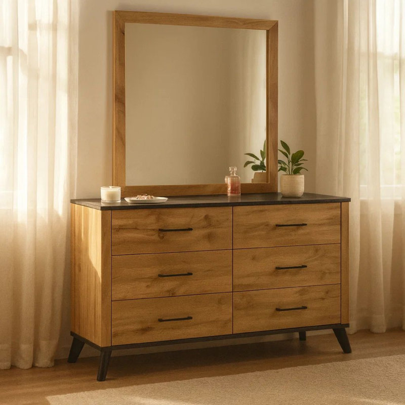 Grande commode avec miroir assorti, 6 tiroirs, bois brun Wemy