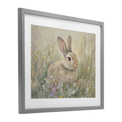 Soft Color Rabbit in Meadow Framed Print Under Glass, design by Petal Prints Design