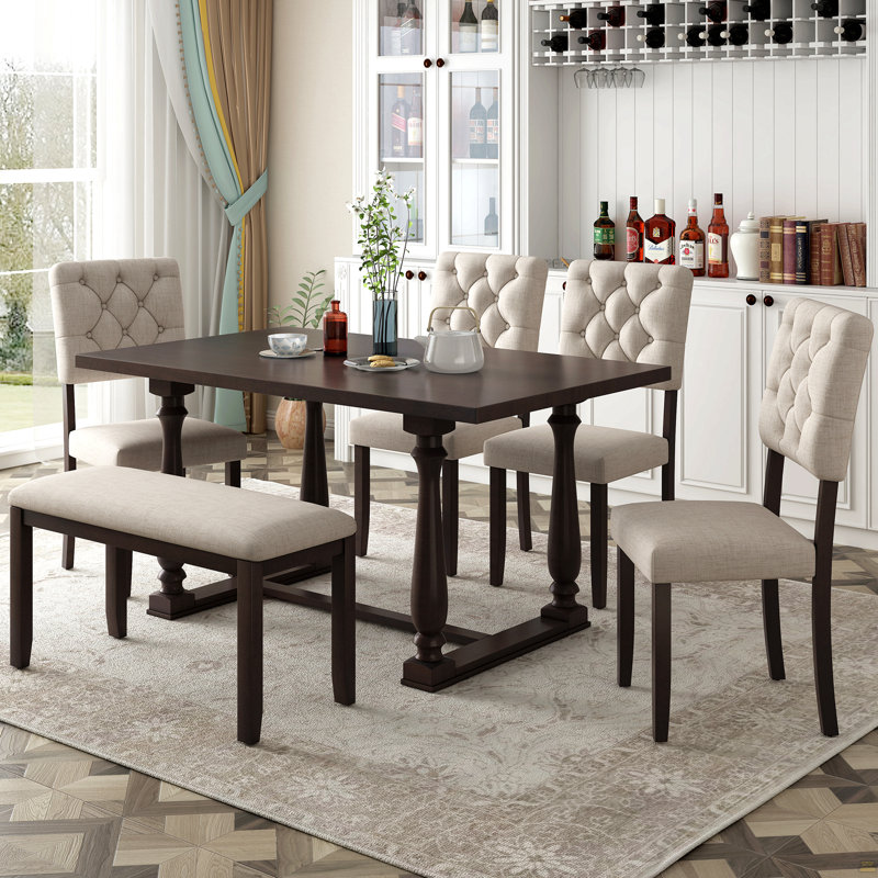 Ensemble de table et chaises de salle à manger 6 pièces avec pieds de forme spéciale et dossiers et coussins recouverts de mousse pour la salle à manger (espresso)