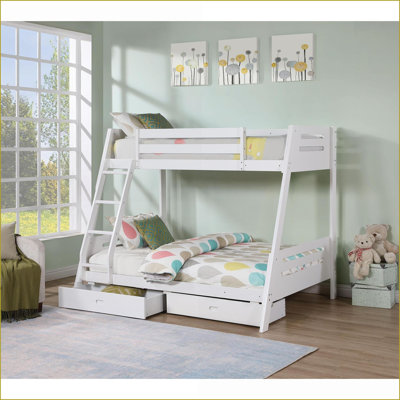Twin Over Full Solid Wood Bunk Bed with Reversible Angled Ladder &amp; Underbed Drawers White Finish for Second Bedroom