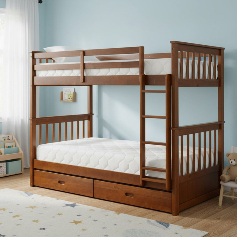 Lit superposé simple au-dessus de simple en bois massif avec échelles et 2 tiroirs de rangement pour garçons et filles, Noyer