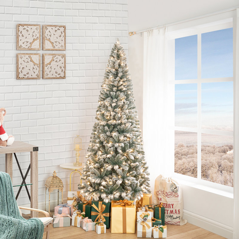 Arbre de Noël artificiel mince givré avec base en métal Frosted Prelit, 6,5 pi