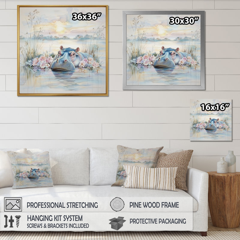Fleur hippopotame au coucher du soleil - art mural salon hippopotame, H 16 po x l 16 po, Blanc
