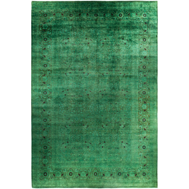 Tapis unique noué à la main Rachal - vert, 12 pi 1 po x 17 pi 10 po