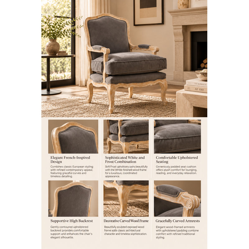Rodney Modern French-Inspired Upholstered Accent Armchair with Carved Wood Frame – White and Frost, Gray
