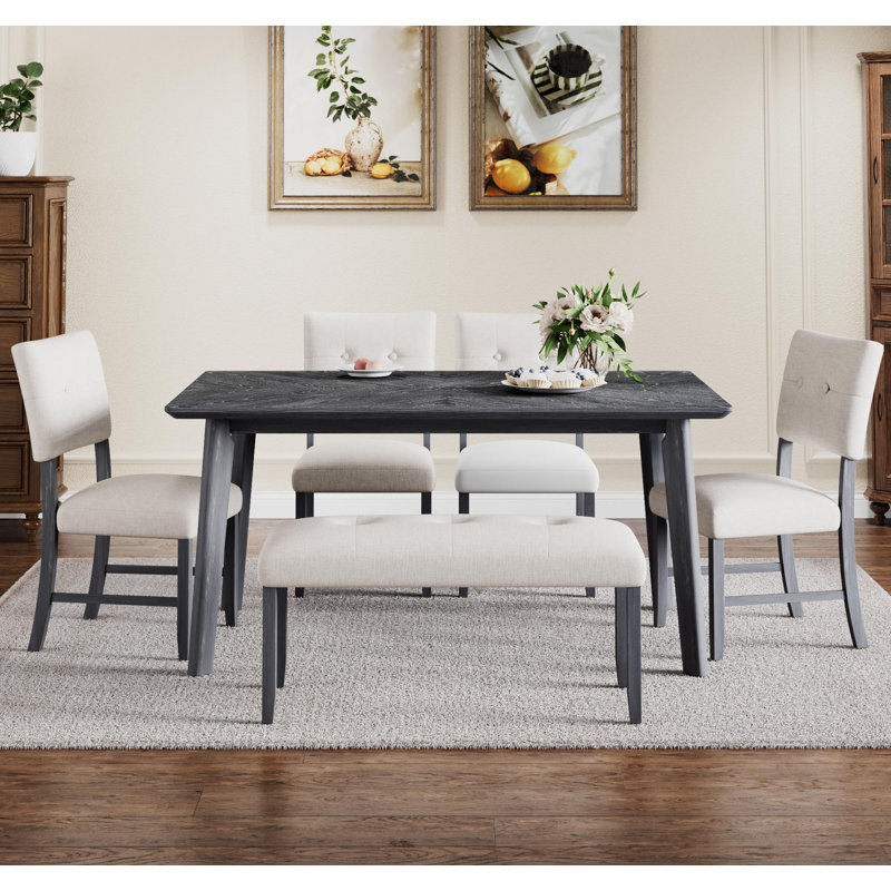 Ensemble de table de salle à manger 6 pièces, table de salle à manger rustique de style campagnard avec 4 chaises et banc rembourrés, ensemble de table de salle à manger en bois massif pour 6 personnes (assemblage facile, gris)