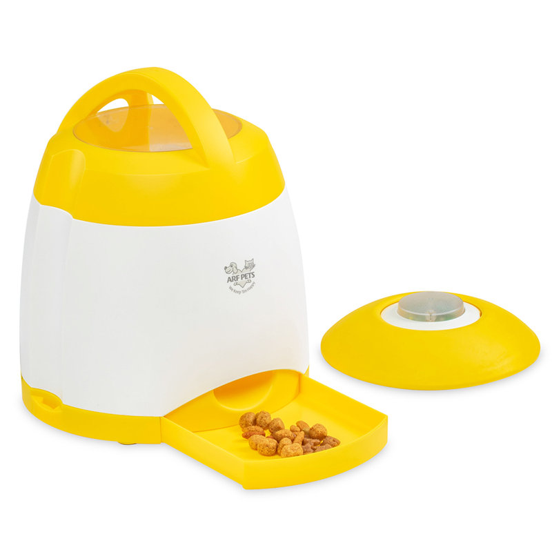 Yellow and White Dog Treat Dispenser with Remote Button