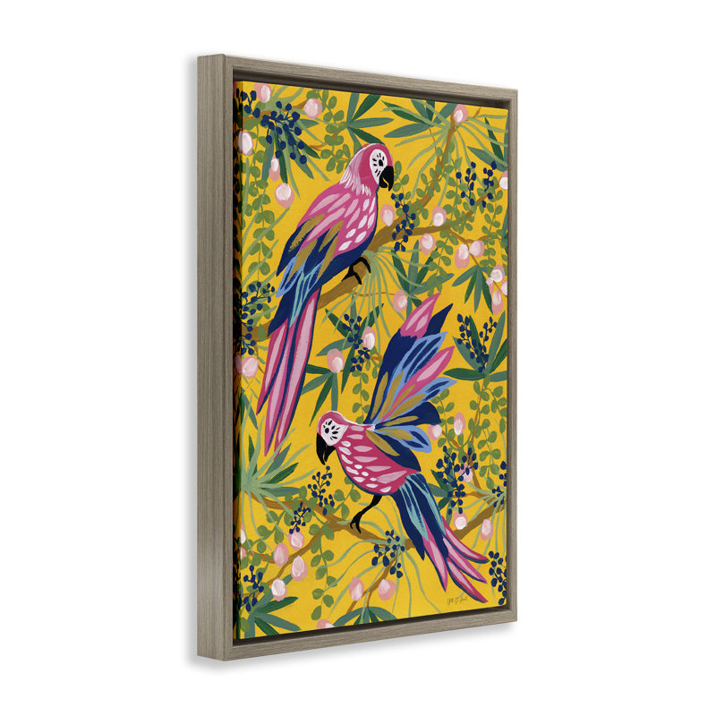 Toile flottante encadrée à motif de perroquets, par Maximalist, H 31 po x l 21 po, Cadre flottant métallique doré