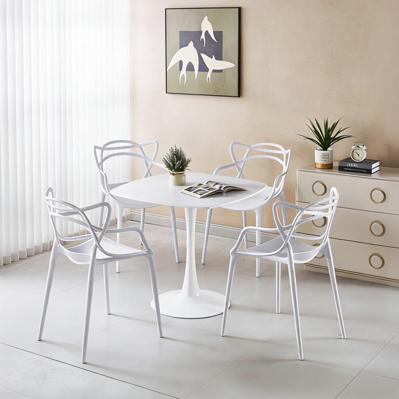 Ensemble de salle à manger 1 + 4,5 pièces, table de salle à manger à pieds en métal de style Mid-Century - 6 personnes avec plateau en panneau de fibres à densité moyenne, table de salle à manger à piédestal