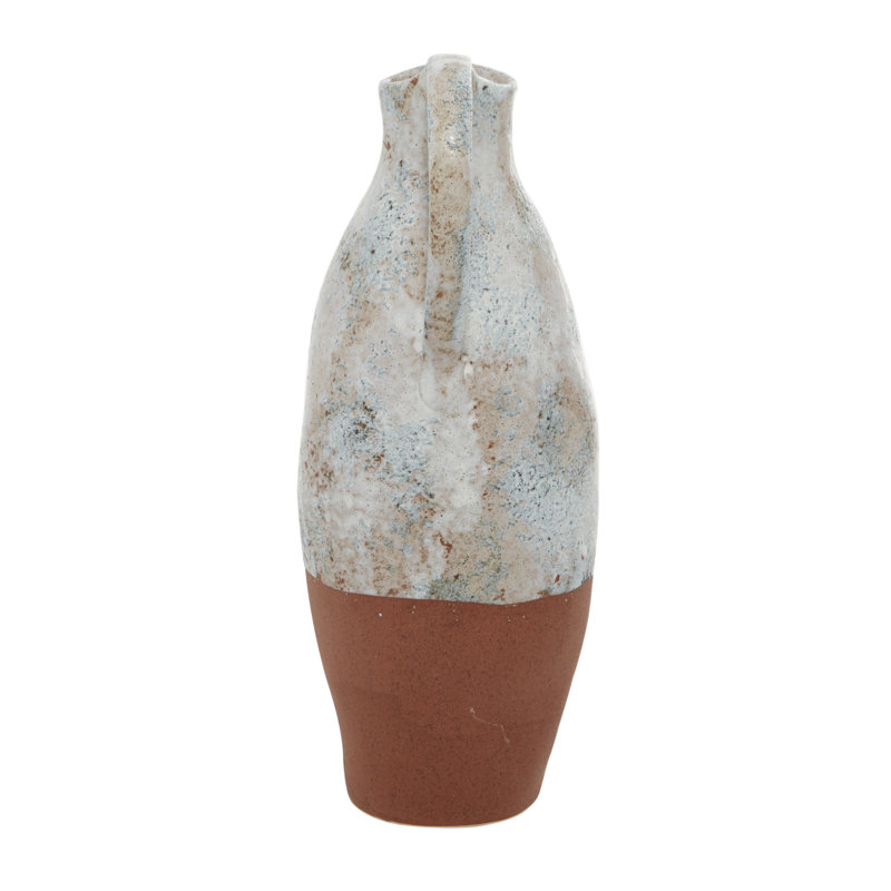 Ceramic Handmade White Decorative Vase with Terracotta Accents, 14.45" H x 5.45" W x 7.15" D