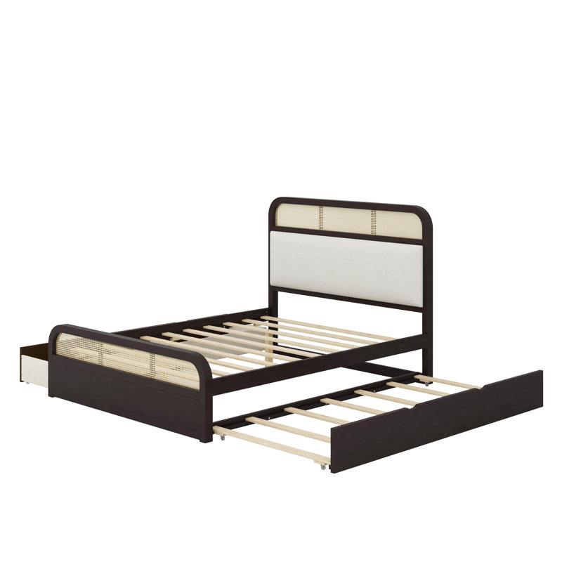 Grand lit plateforme en bois avec lit gigogne et 2 tiroirs, Espresso