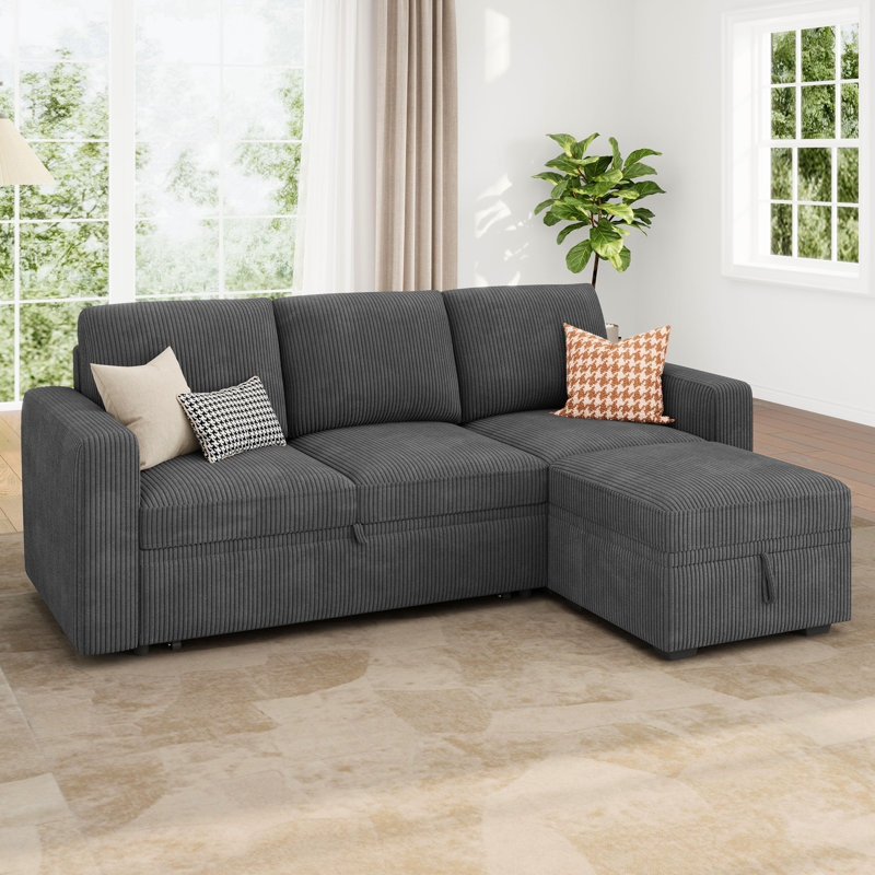 Anureet L-Shaped Sectional Modular Sofa Bed With Storage Seat, Gray Corduroy