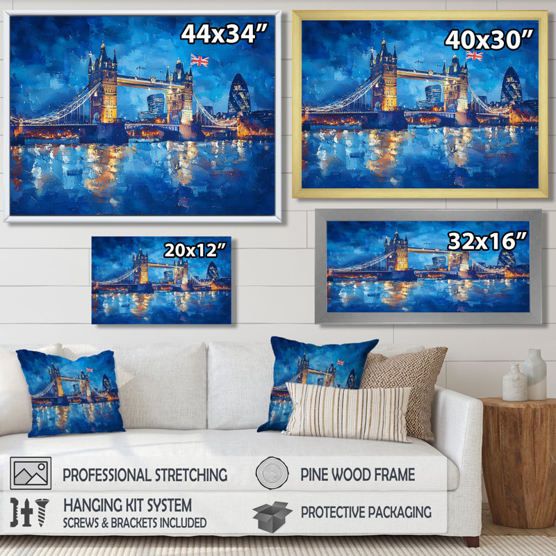 «Moonlight on Tower Bridge Lights In London I - England», art mural, Toile tendue, H 16 po x l 32 po, Ne s’applique pas