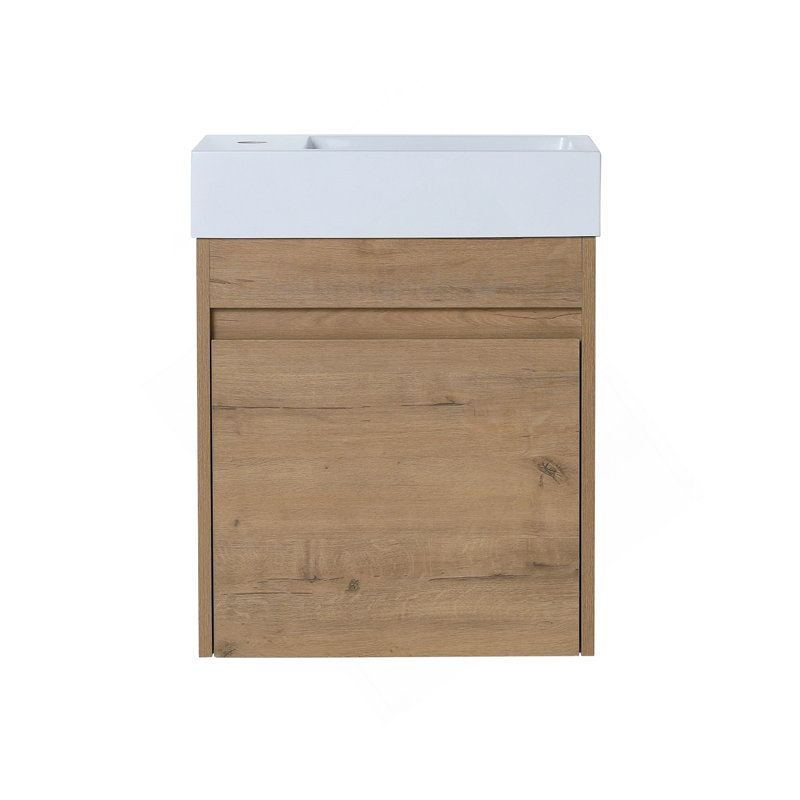Meuble-lavabo mural 18 po avec lavabo en résine blanche et porte d'armoire à fermeture en douceur 18 po, Imitation chêne