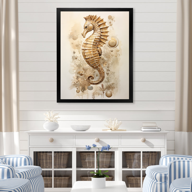 Hippocampe magique beige III sur toile, Cadre simple noir, H 40 po x l 30 po x P 1,5 po