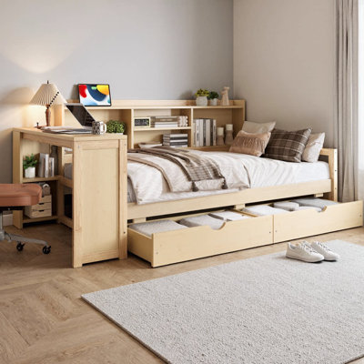 Lit de jour d'angle simple avec tiroirs de rangement, bureau, port de charge et bibliothèque, cadre de lit en bois multifonctionnel pour la chambre, lit de jour peu encombrant, aucun sommier nécessaire