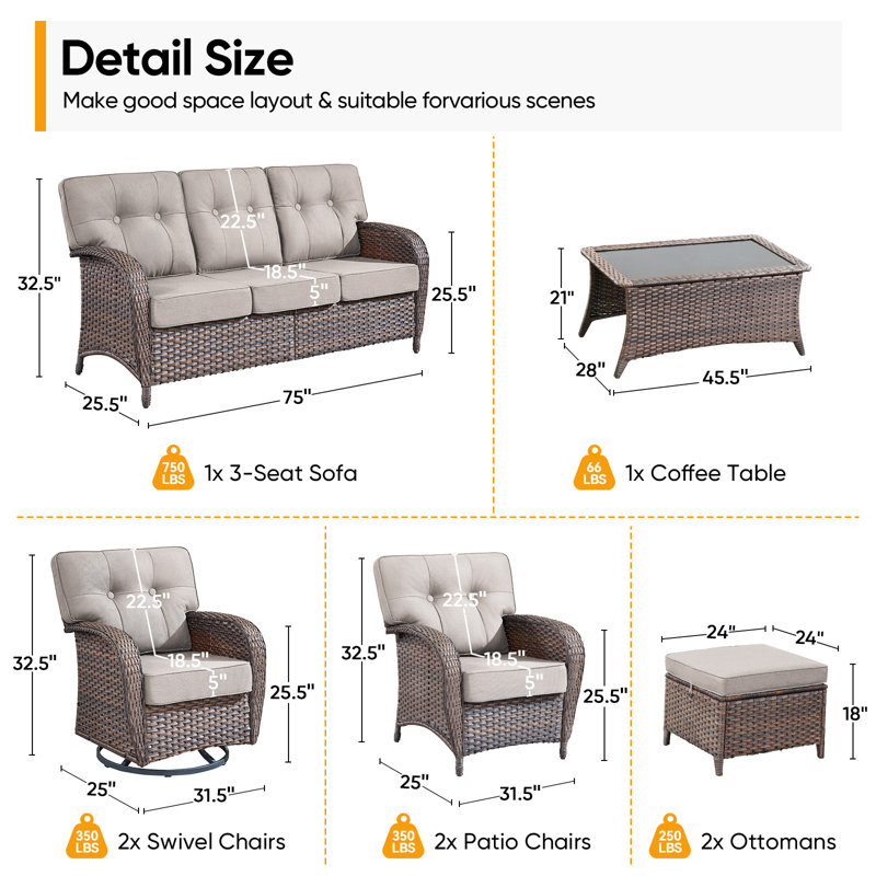 Fiorillo 8-Piece Outdoor Wicker Patio Conversation Set With Cushions/2 Swivel Chairs And 2 Lounge Chairs, Beige