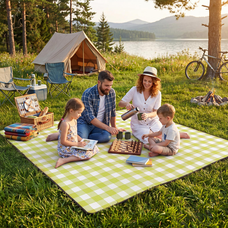 Couverture de pique-nique imperméable 79 x 79 po, tapis de plage à carreaux blanc et vert pour 6 à 8 adultes, tapis de camping pliable avec sangle