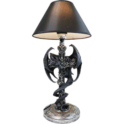 Gothic Faux Stone Dragon Perching On Celtic High Cross Sculptural Table Lamp