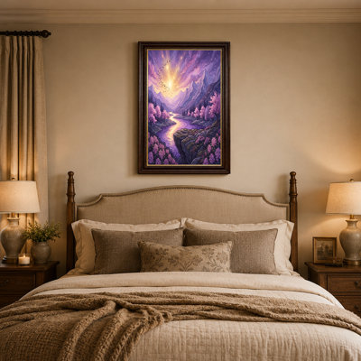 «Pink Blossom Trees and Purple Mountains» par River, art mural sur toile