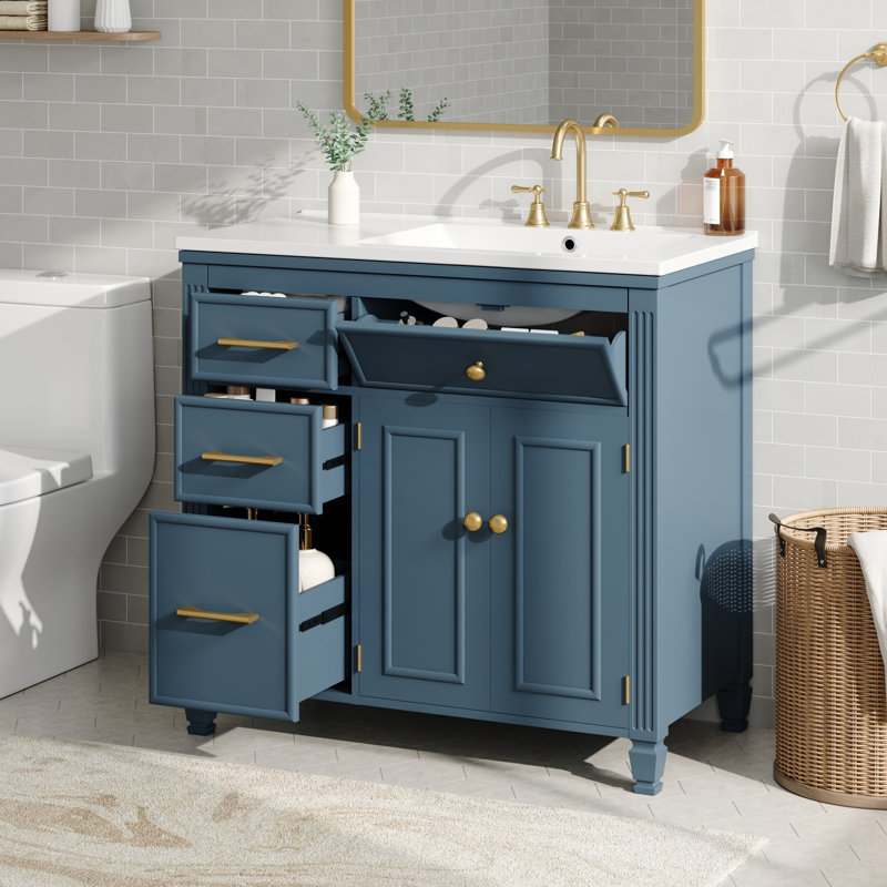 [Vidéo] Meuble-lavabo de 36 po avec lavabo, lavabo en céramique, un tiroir basculant, 3 tiroirs latéraux, tablette réglable, gris-bleu