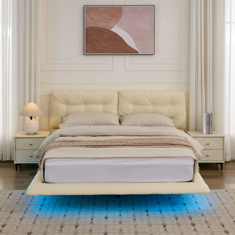 Grand lit flottant rembourré avec lumières DEL, plateforme en cuir Pu blanc, tête de lit à bouton. Conception pour un look moderne, six lumières de couleur chaleureuse, cadre confortable et silencieux