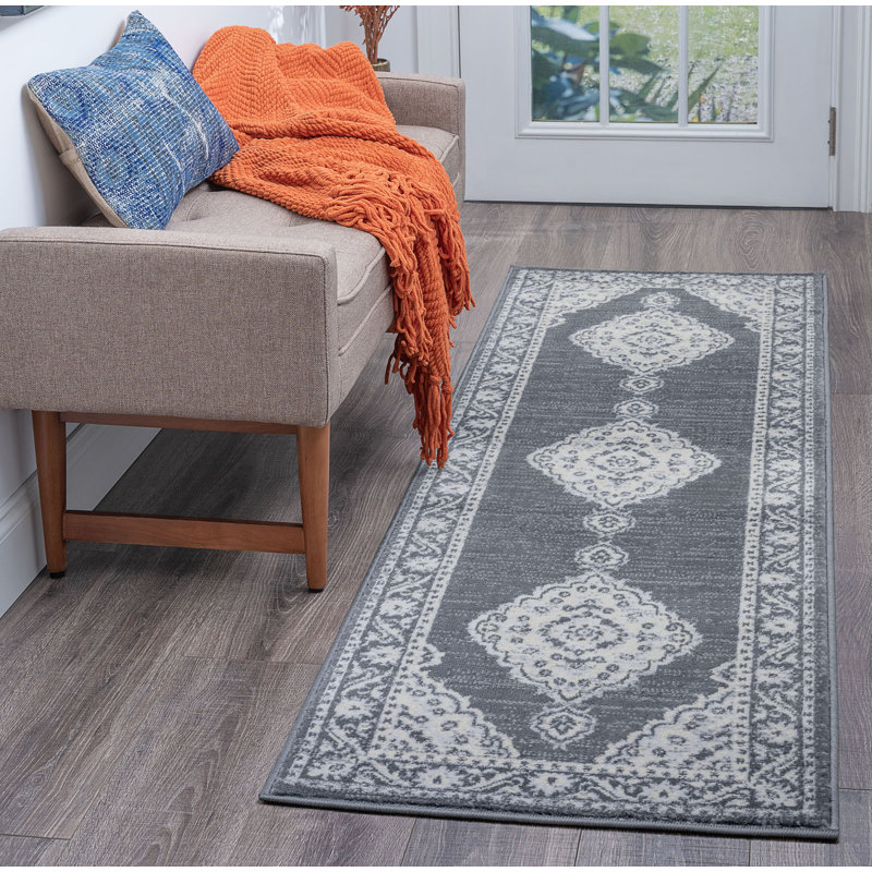 Tapis oriental gris foncé Radcliff, Tapis de couloir 2 pi 3 po x 10 pi