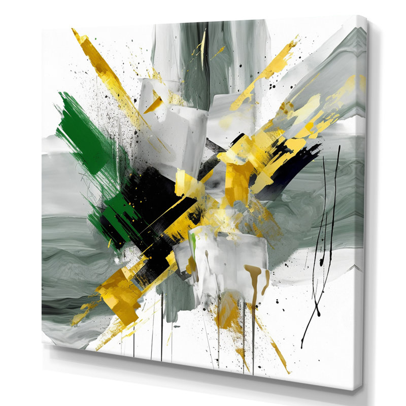Perspectives abstraites jaunes et vertes II, Toile tendue, H 16 po x l 16 po x P 1 po