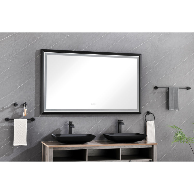 Miroir de salle de bain 60 po x 36 po à DEL avec cadre en aluminium, miroir de meuble-lavabo mural, anti-buée, mémoire, 3 couleurs, réglable en continu