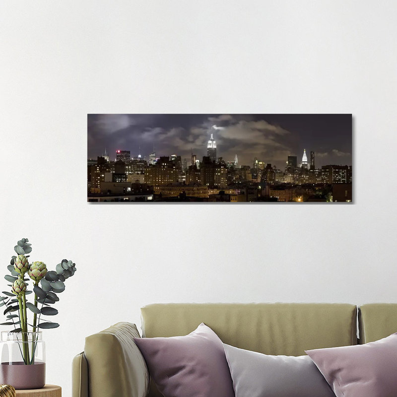 Buildings Lit Up At Night, Empire State Building, Manhattan - Wrapped Canvas Panoramic Print