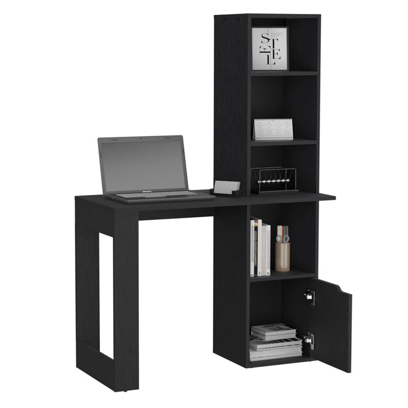 Bureau d'ordinateur Iowa avec 1 armoire et bibliothèque à 4 niveaux, Noir