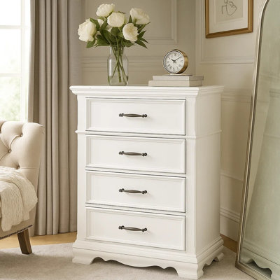 Commode haute Yal, 4 tiroirs avec poignées barres en nickel noir, blanc