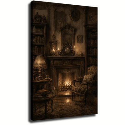 Bibliothèque vintage chaleureuse avec foyer et livres, toile murale de style académie sombre pour une décoration de salon rustique