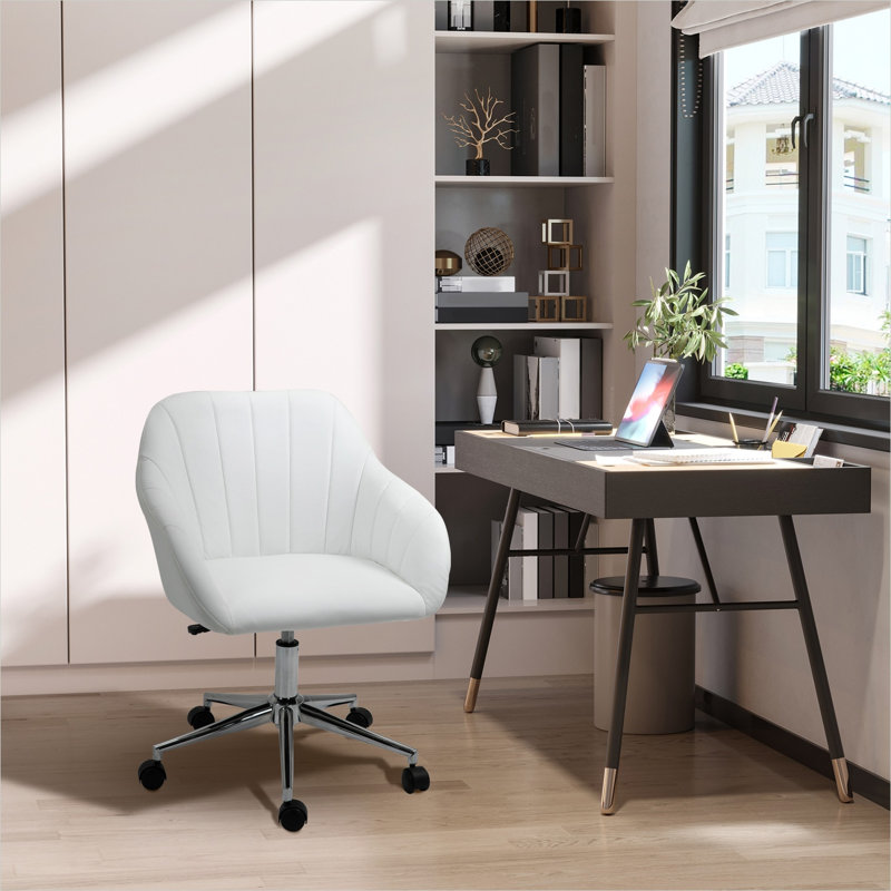 Bureau de design réglable en similicuir blanc avec structure en métal et siège pivotant, 23,4 cm