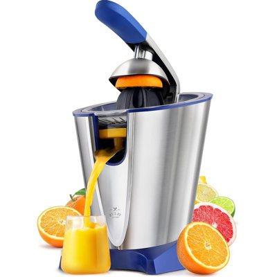 Zulay Kitchen Electric Citrus Juicer - Makes Fresh Orange, Lemon, Grapefuit, Lime - Stainless Steel, 160w Quiet Powerful Motor, Interchangeable Cones - Filters Out Seeds & Pulp - Dishwasher-safe Parts - Blue And Silver