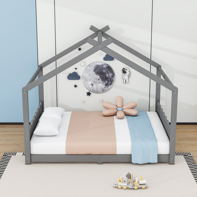 Wood House Floor Bed With Slats, Gray, Queen