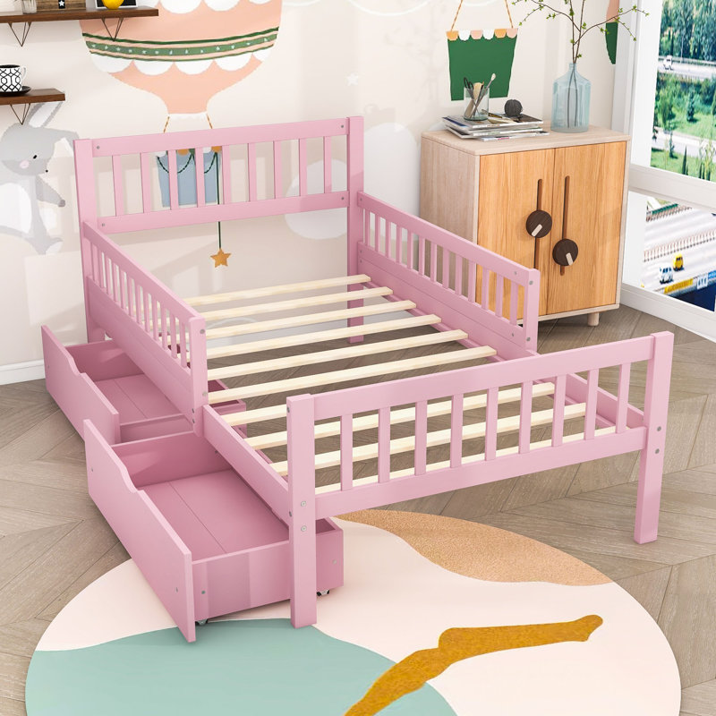 Lit plateforme à deux tiroirs en bois avec lattes, Complète, Rose