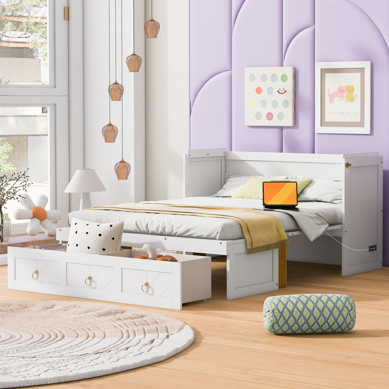 Lit escamotable avec port USB et grand tiroir, Blanc, Grand lit
