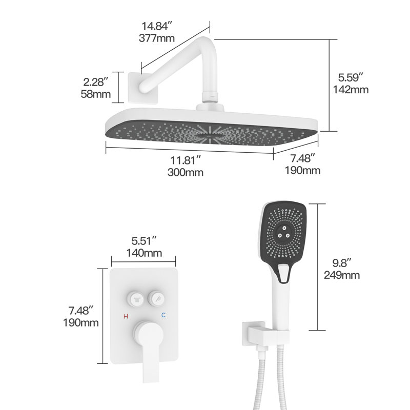 Ancoats 12" Wall Mounted Pressure-Balanced Complete Shower System with 3-Function Handheld Spray, Matte White